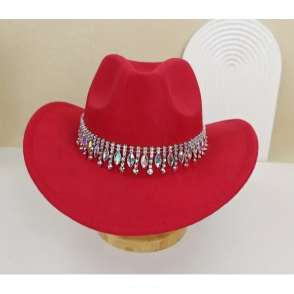 Red Rhinestone Cowgirl Hat Western Felt Rodeo Fedora with Bling Crystal Band - Picture 3 of 3